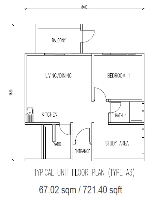 Daya One @ Taman Daya Type A3 1+1 721 sq ft Type A3 with PES 1+1R1B 721 sqft floor plan