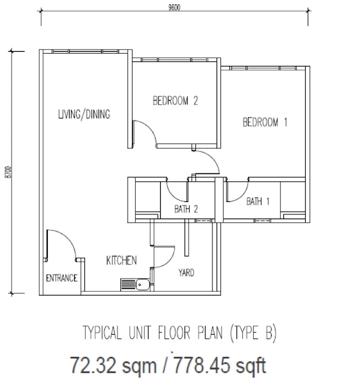 Daya One @ Taman Daya Type B 2 Rooms 778 sq ft 2 rooms 778 sqft floor plan