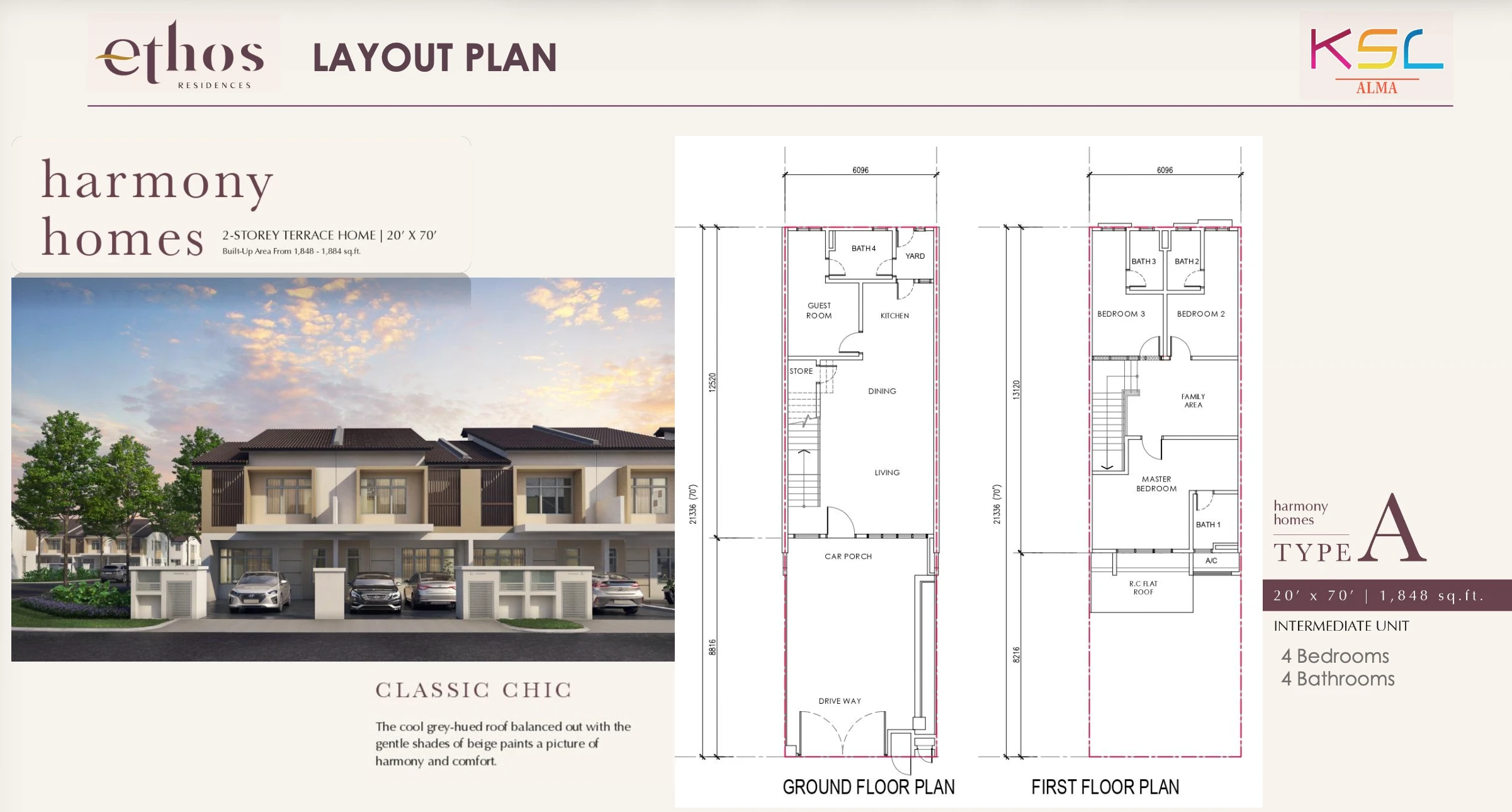 Ethos Residences @ Taman Alma Type A Intermediate 20x70 1848 sq ft Type A 20x70 Double Storey Terrace 1848 sqft floor plan