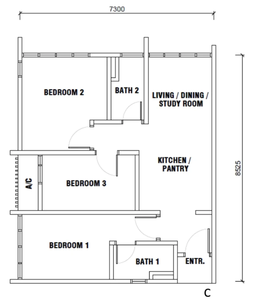 Gen Sphere Type C 3 Room 2 Bath 652sqft 3 room 652 sqft floor plan