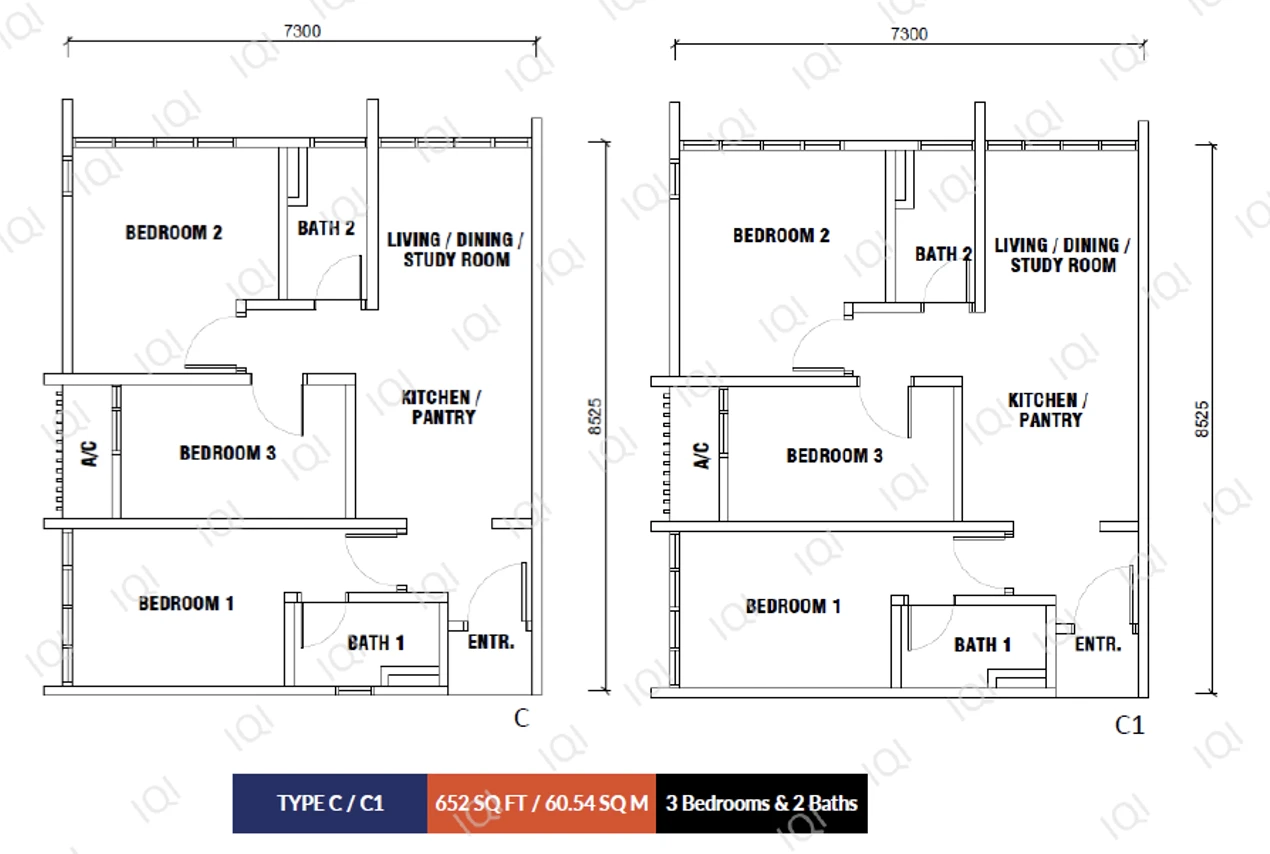 Gen Sphere Type C 3 Room 2 Bath 652sqft 3 room 652 sqft floor plan