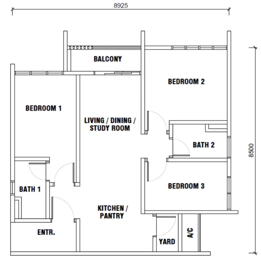 Gen Sphere Type D 3 Room 2 Bath 755sqft 3 room 755 sqft floor plan