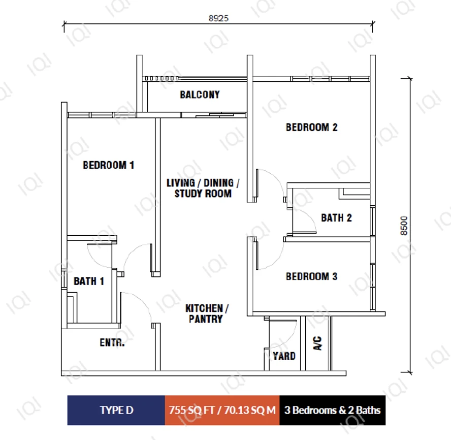 Gen Sphere Type D 3 Room 2 Bath 755sqft 3 room 755 sqft floor plan