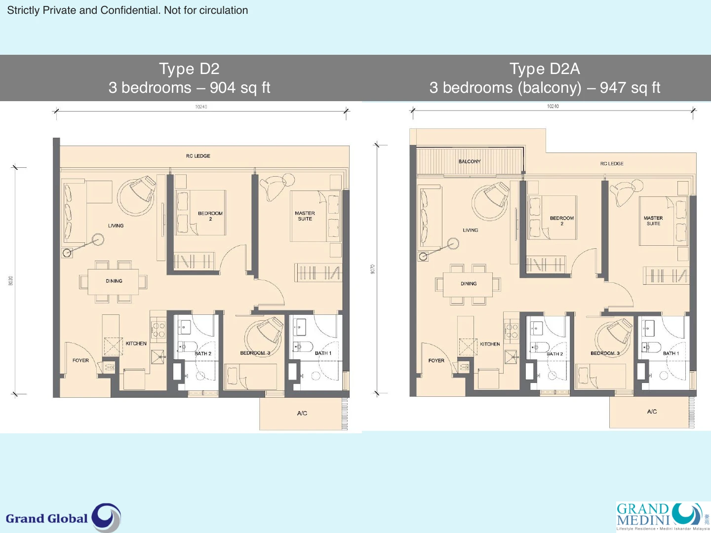 Grand Medini Residences Type D2 D2a 3 Bedrooms 947 sqft floor plan