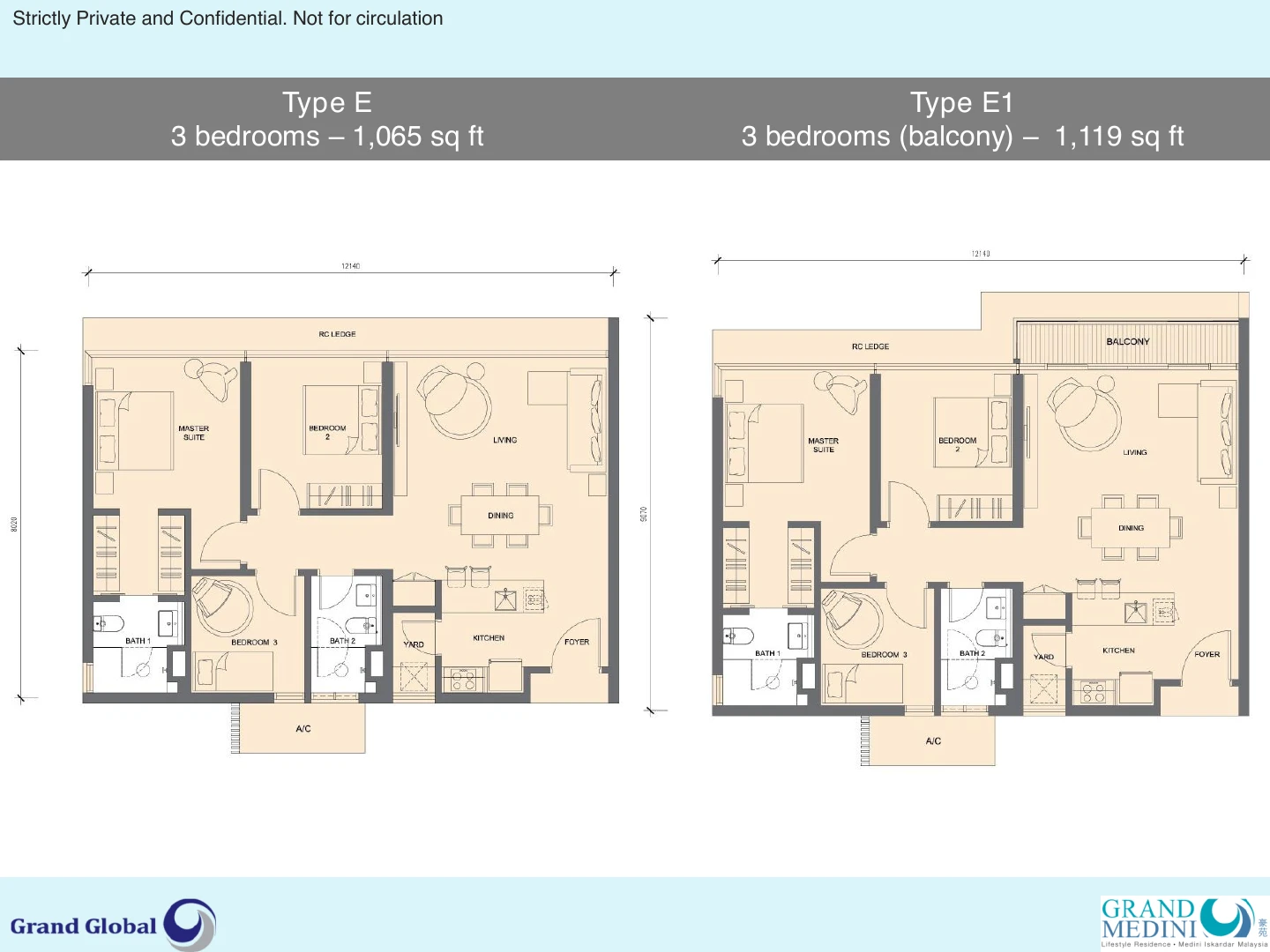 Grand Medini Residences Type E E1 3 Bedrooms 1119 sqft floor plan