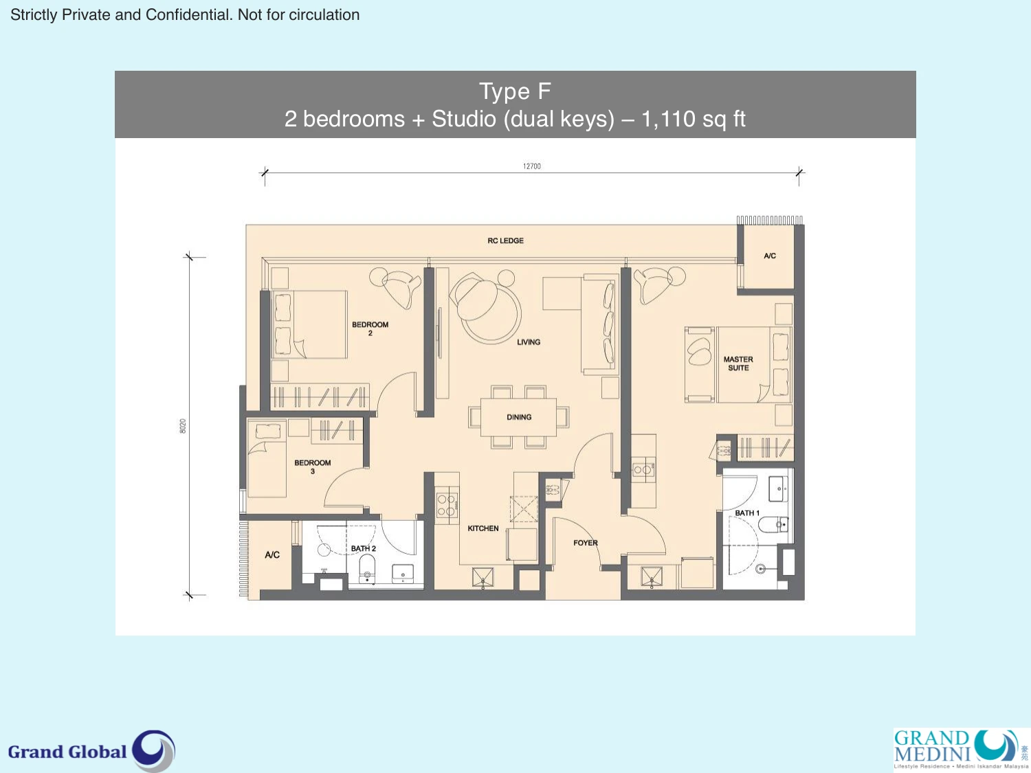 Grand Medini Residences Type F Dual Key 2 Bedrooms 1110 sqft floor plan