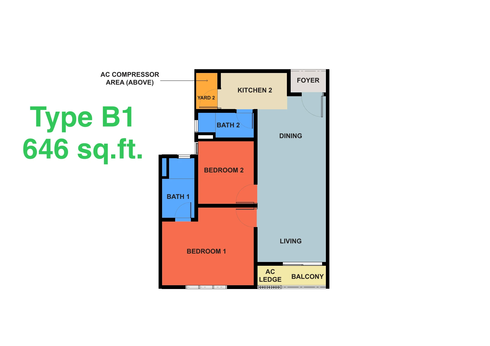 KSL Austin Legacy @ Seri Austin Type B1 NEW Type B1 1+1 Room 646 sqft floor plan