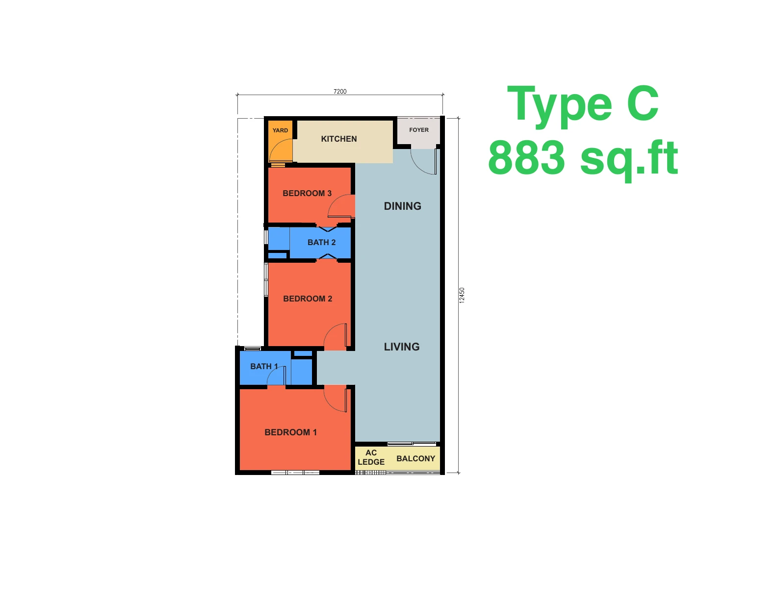 KSL Austin Legacy @ Seri Austin Type C NEW Type C 3 Rooms 883 sqft floor plan