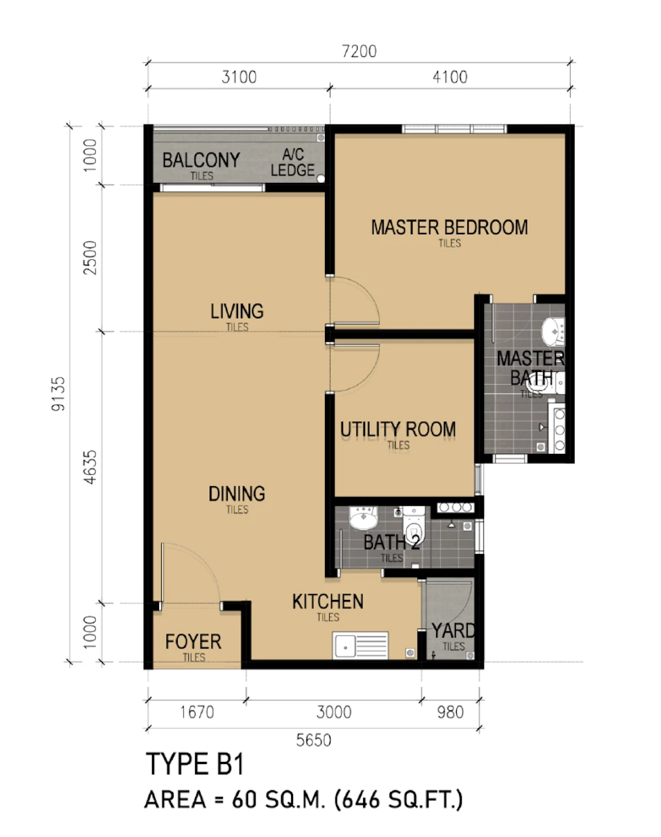 KSL Lakeview @ Ponderosa Type B1 1+1 Rooms 646 sq ft 1+1 rooms 646 sqft floor plan