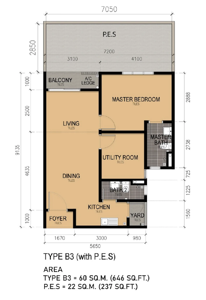 KSL Lakeview @ Ponderosa Type B3 1+1 Rooms 646 sq ft + 237 sq ft PES 1+1 rooms 646 sqft floor plan