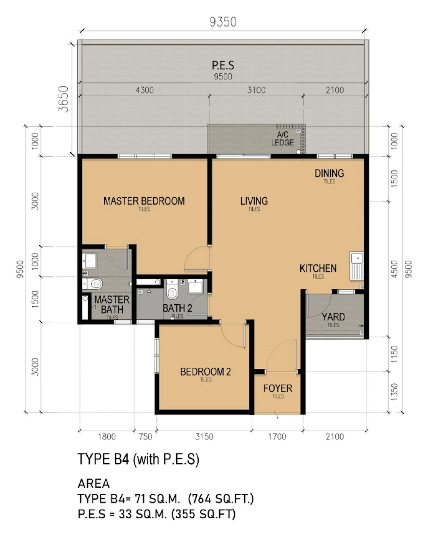 KSL Lakeview @ Ponderosa Type B4 2 Rooms 764 sq ft + 355 sq ft PES 2 rooms 764 sqft floor plan