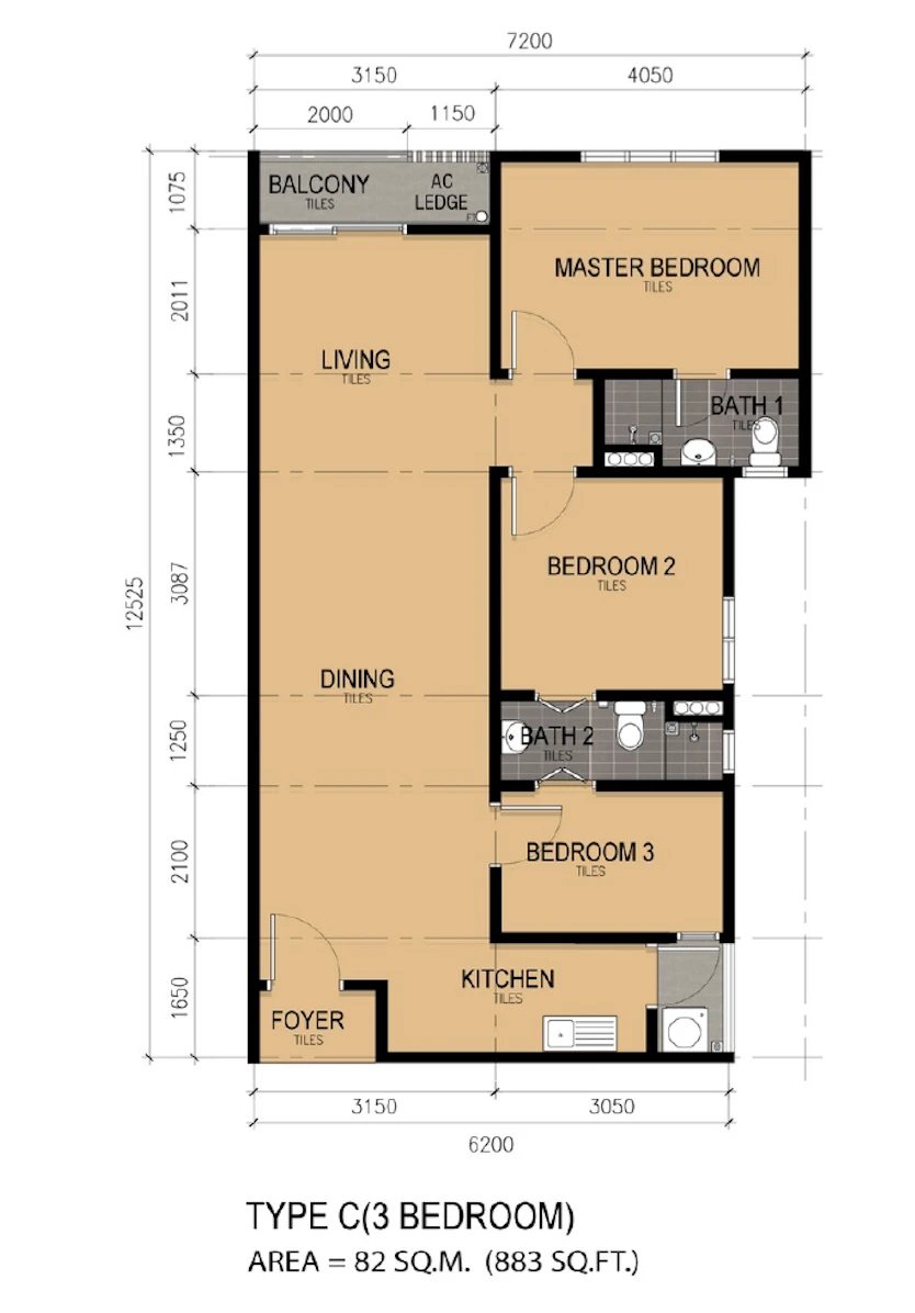 KSL Lakeview @ Ponderosa Type C 3 Rooms 883 sq ft 3 rooms 883 sqft floor plan