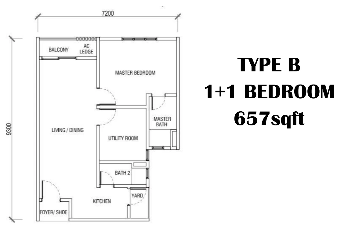 KSL Residences 2 @ Kangkar Tebrau Type B 1+1 Rooms 657 sq ft 1+1 rooms 657 sqft floor plan