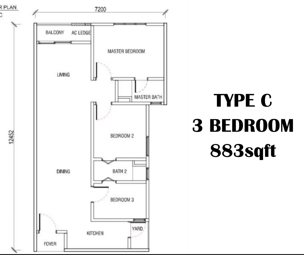 KSL Residences 2 @ Kangkar Tebrau Type C 3 Rooms 883sqft 3 rooms 883 sqft floor plan