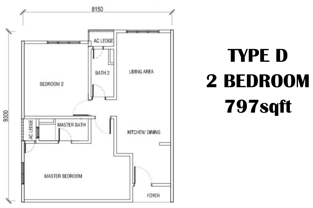 KSL Residences 2 @ Kangkar Tebrau Type D 2 Rooms 797 sq ft 2 rooms 797 sqft floor plan