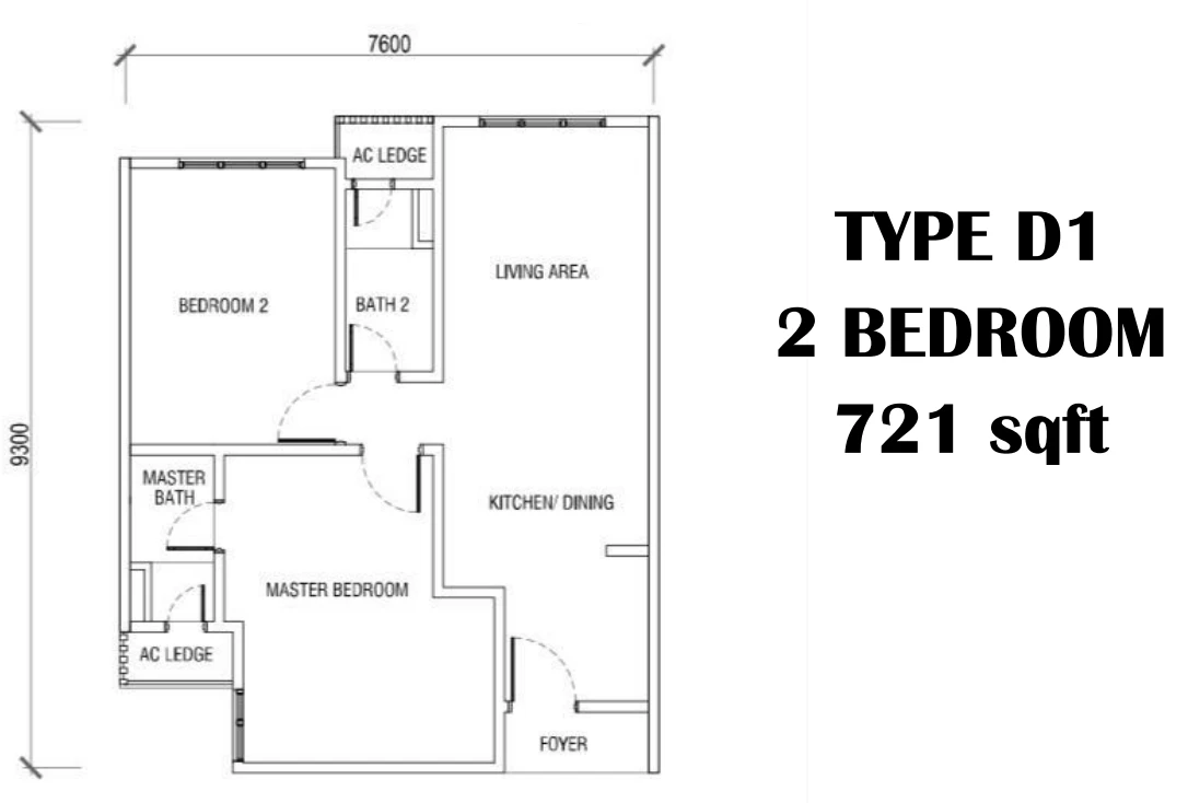 KSL Residences 2 @ Kangkar Tebrau Type D1 2 Rooms 721 sq ft 2 rooms 721 sqft floor plan
