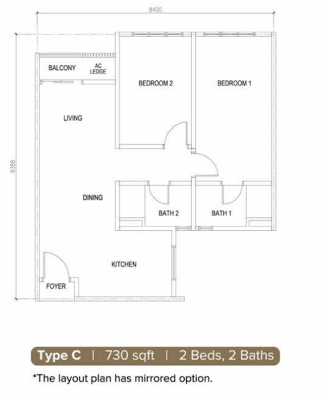 M MINORI Type C 2 Rooms 730 sq ft 2 rooms 730 sqft floor plan