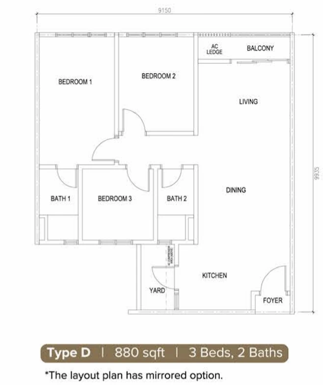 M MINORI Type D 3 Rooms 880 sq ft 3 rooms 880 sqft floor plan