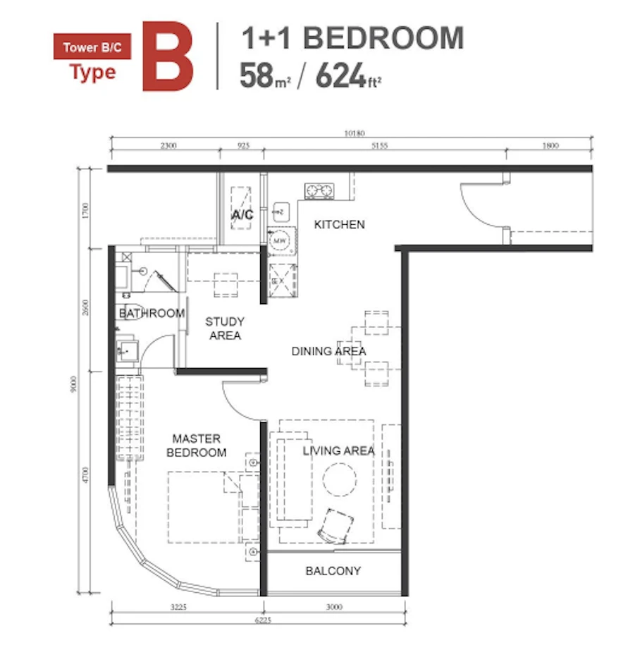 Macrolink Medini Type B 1+1 Rooms 624 sq ft 1+1 rooms 624 sqft floor plan