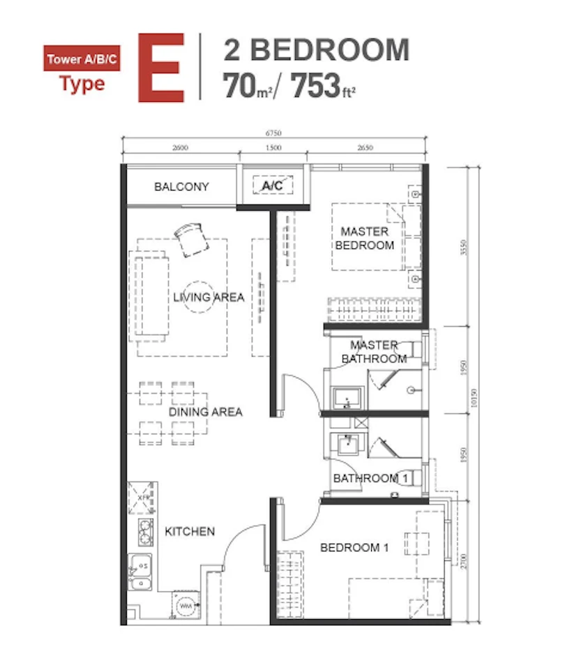 Macrolink Medini Type E 2 Rooms 753 sq ft 2 rooms 753 sqft floor plan