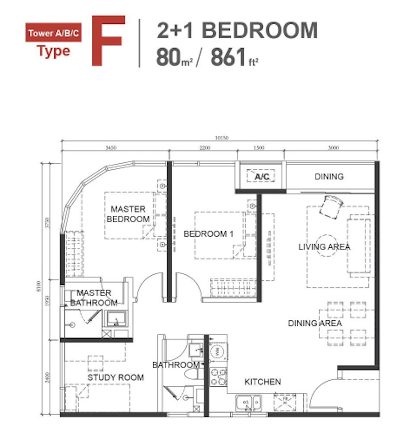Macrolink Medini Type F 2+1 Rooms 861 sq ft 2+1 rooms 861 sqft floor plan