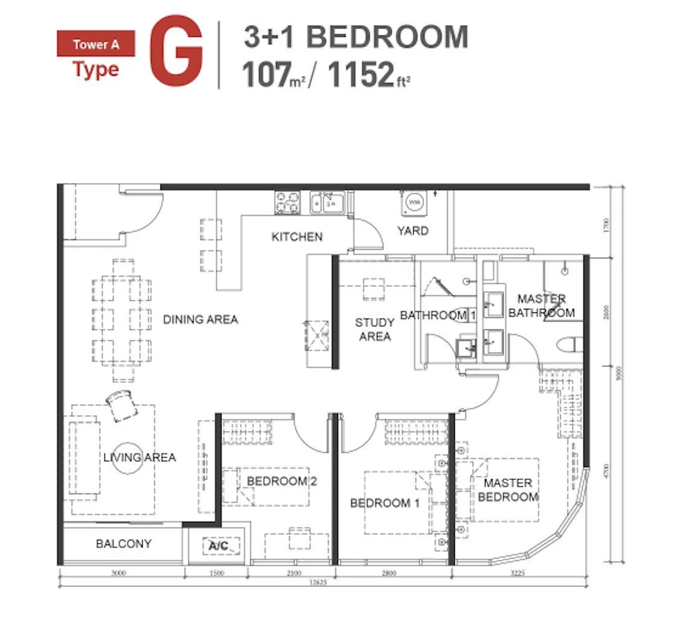 Macrolink Medini Type G 3+1 Rooms 1152 sq ft 3+1 rooms 1152 sqft floor plan