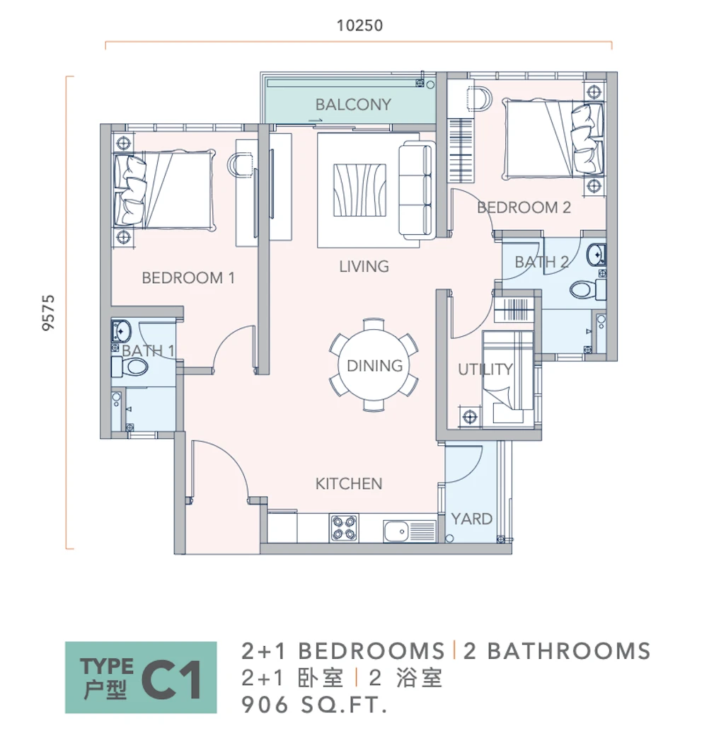 Mandolin @ Taman Desa Tebrau Type C1 2+1 Rooms 906 sq ft 2+1 rooms 906 sqft floor plan