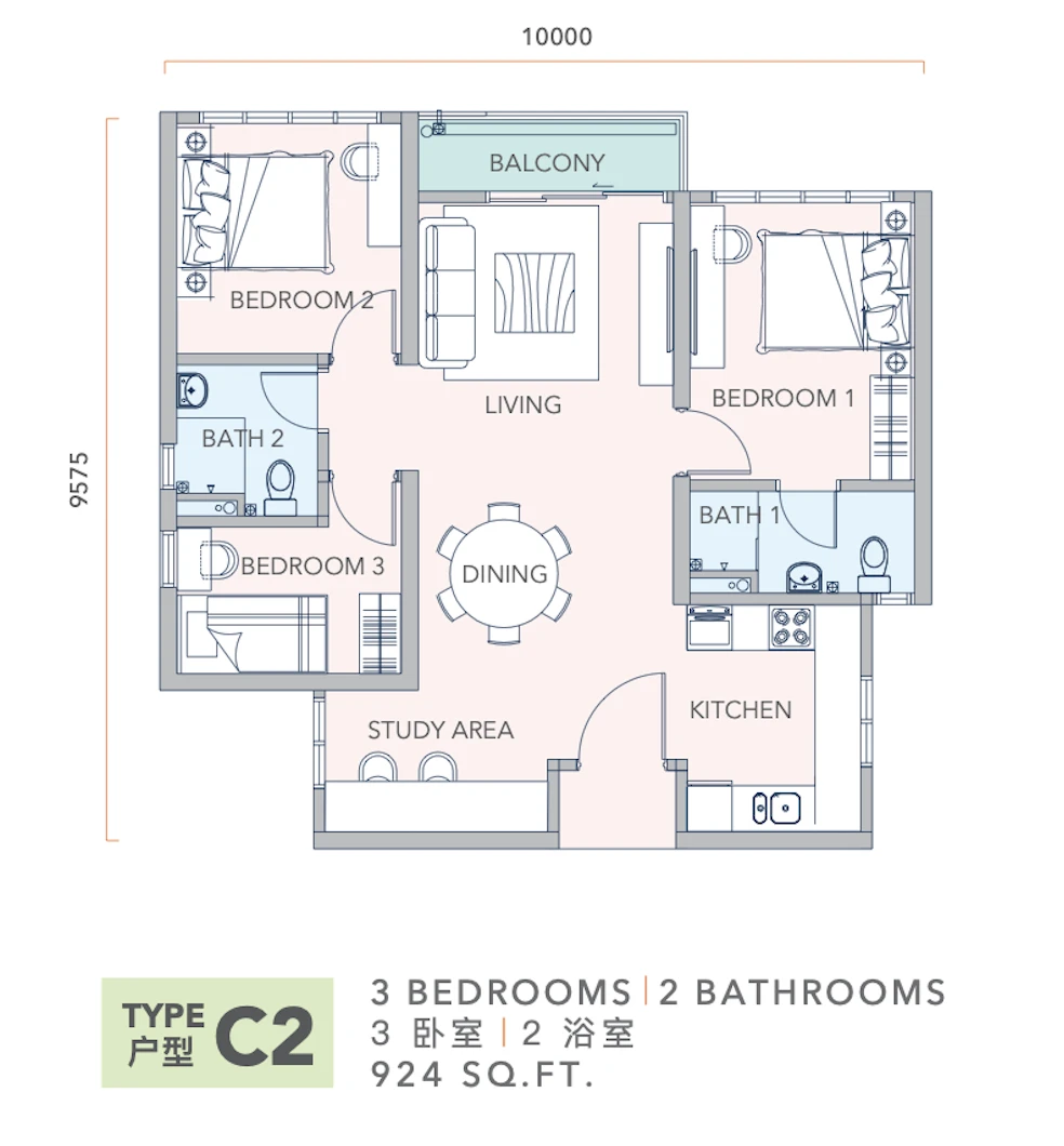 Mandolin @ Taman Desa Tebrau Type C2 3 Rooms 924 sq ft 3 rooms 924 sqft floor plan