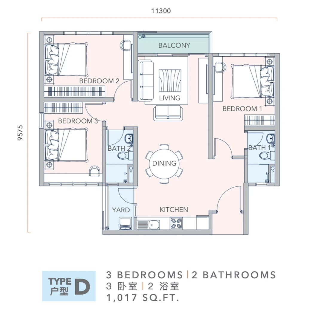 Mandolin @ Taman Desa Tebrau Type D 3 Rooms 1017 sq ft 3 rooms 1017 sqft floor plan