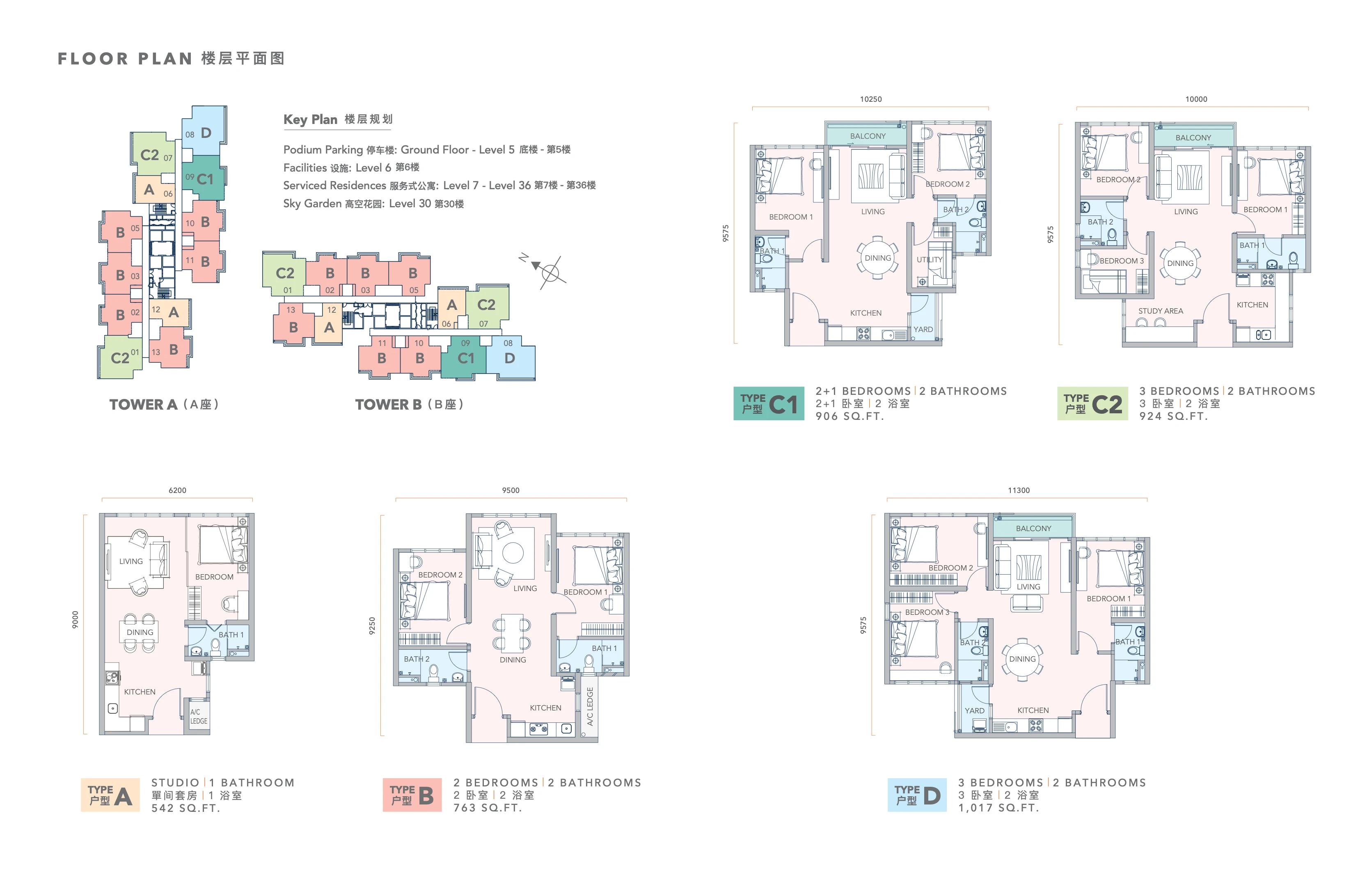 Mandolin @ Taman Desa Tebrau Unit Layouts Type A Studio 1B Type A 542 sq ft; Type B 763 sq ft; Type C1 906 sq ft; Type C2 924 sq ft; Type D 1,017 sq ft sqft floor plan