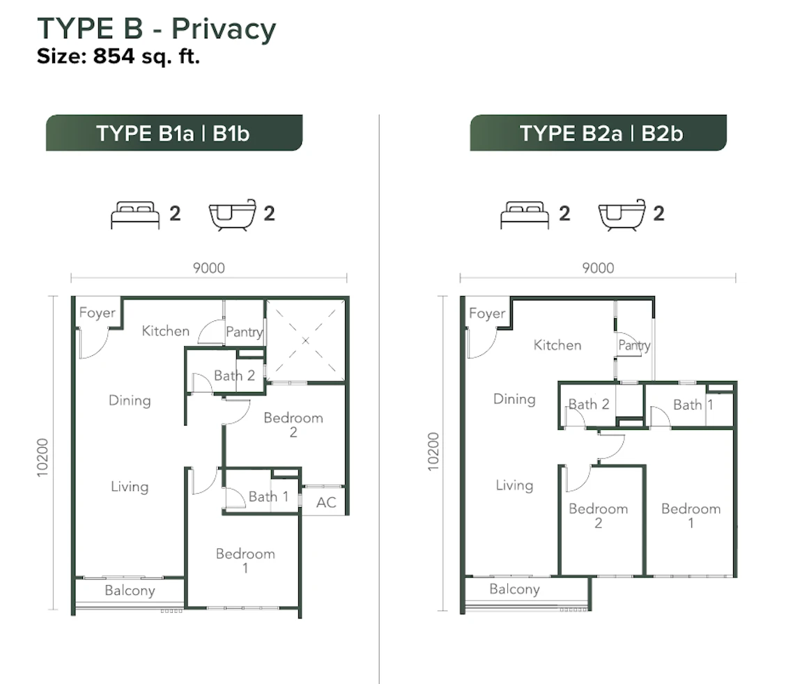 NADI @ SOUTHERN Type B 2 Rooms 854 sq ft 2 rooms 854 sqft floor plan