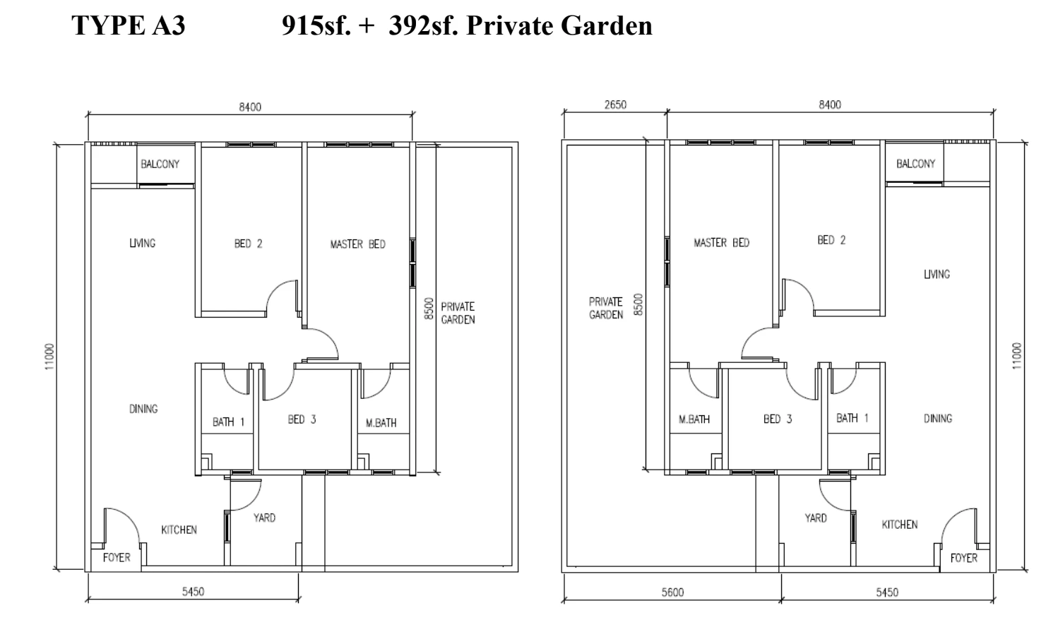 Pangsapuri KSL Bukit Gemilang Type A3 3 Room 915 sq ft + 392 sq ft PES 3 room 915 sqft floor plan