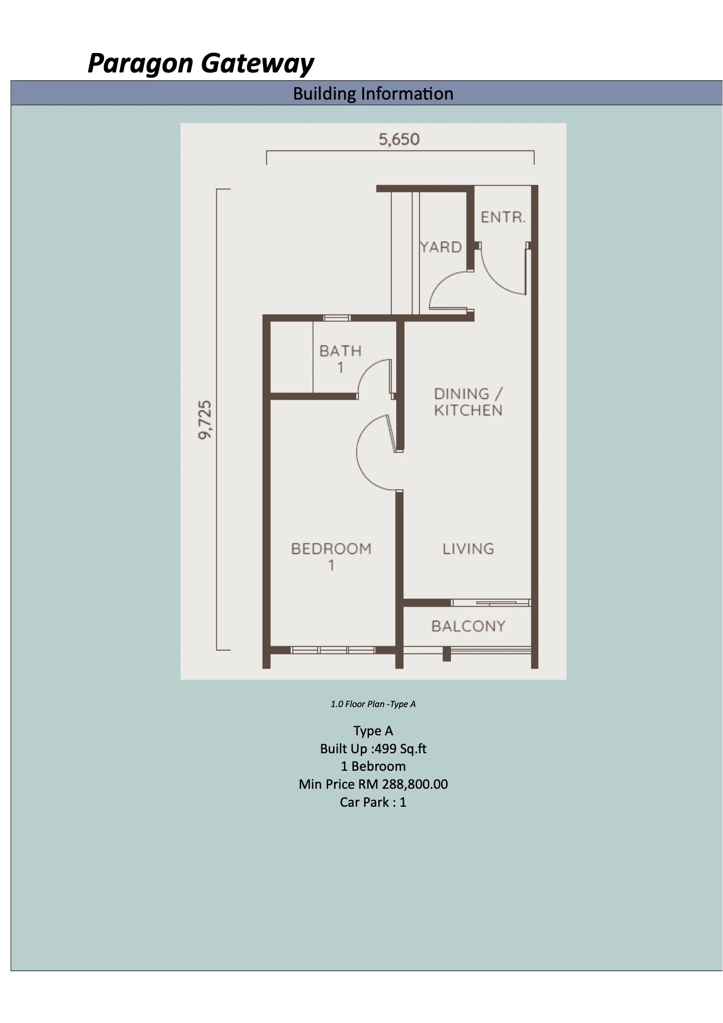 Paragon Gateway @ Tebrau Type A Type A 1R 499 sqft floor plan