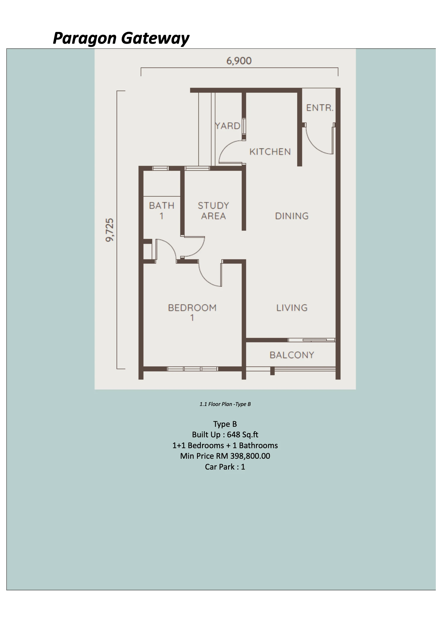 Paragon Gateway @ Tebrau Type B Type B 1+1R1B 648 sqft floor plan