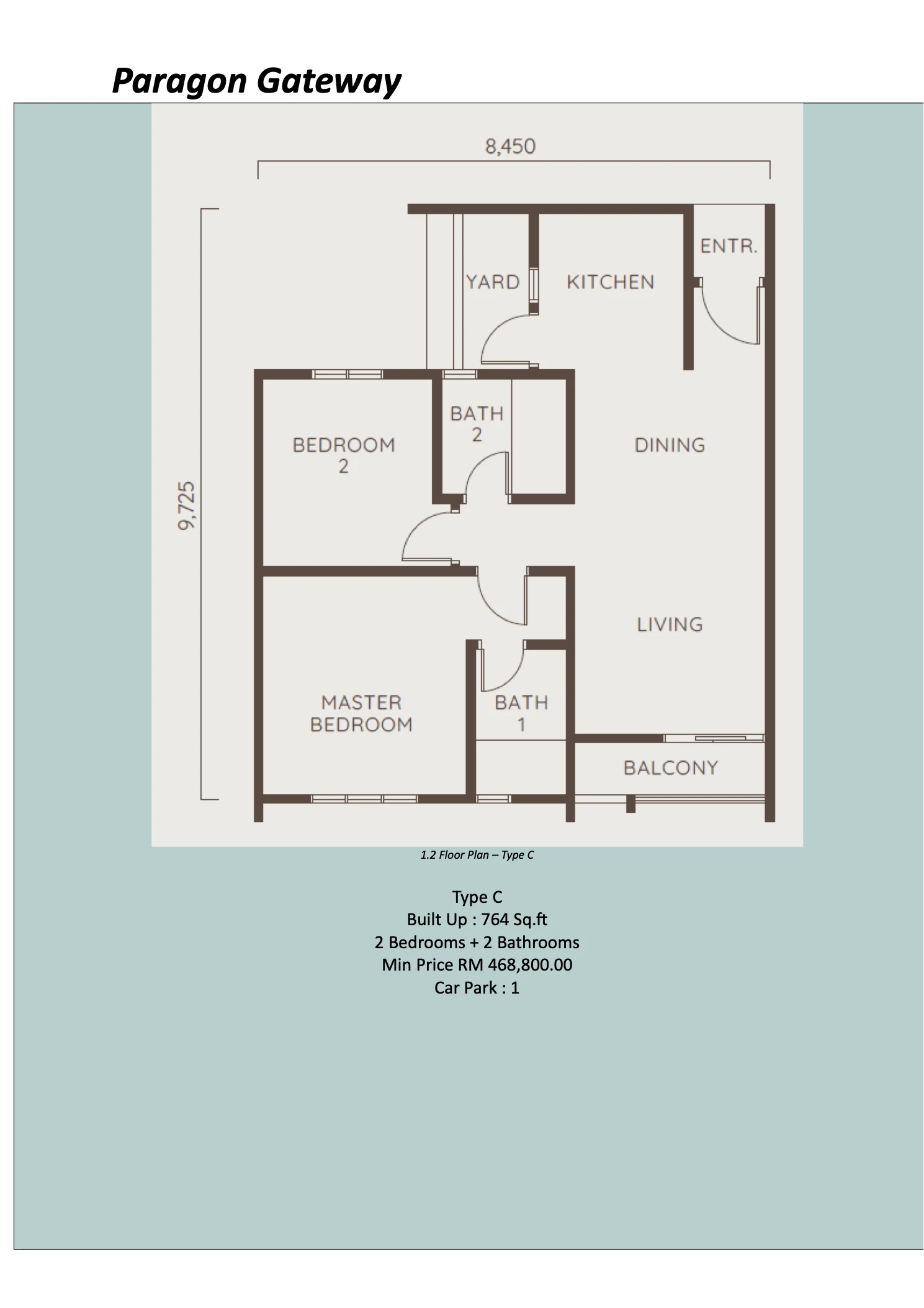 Paragon Gateway @ Tebrau Type C Type C 2R2B 788 sqft floor plan