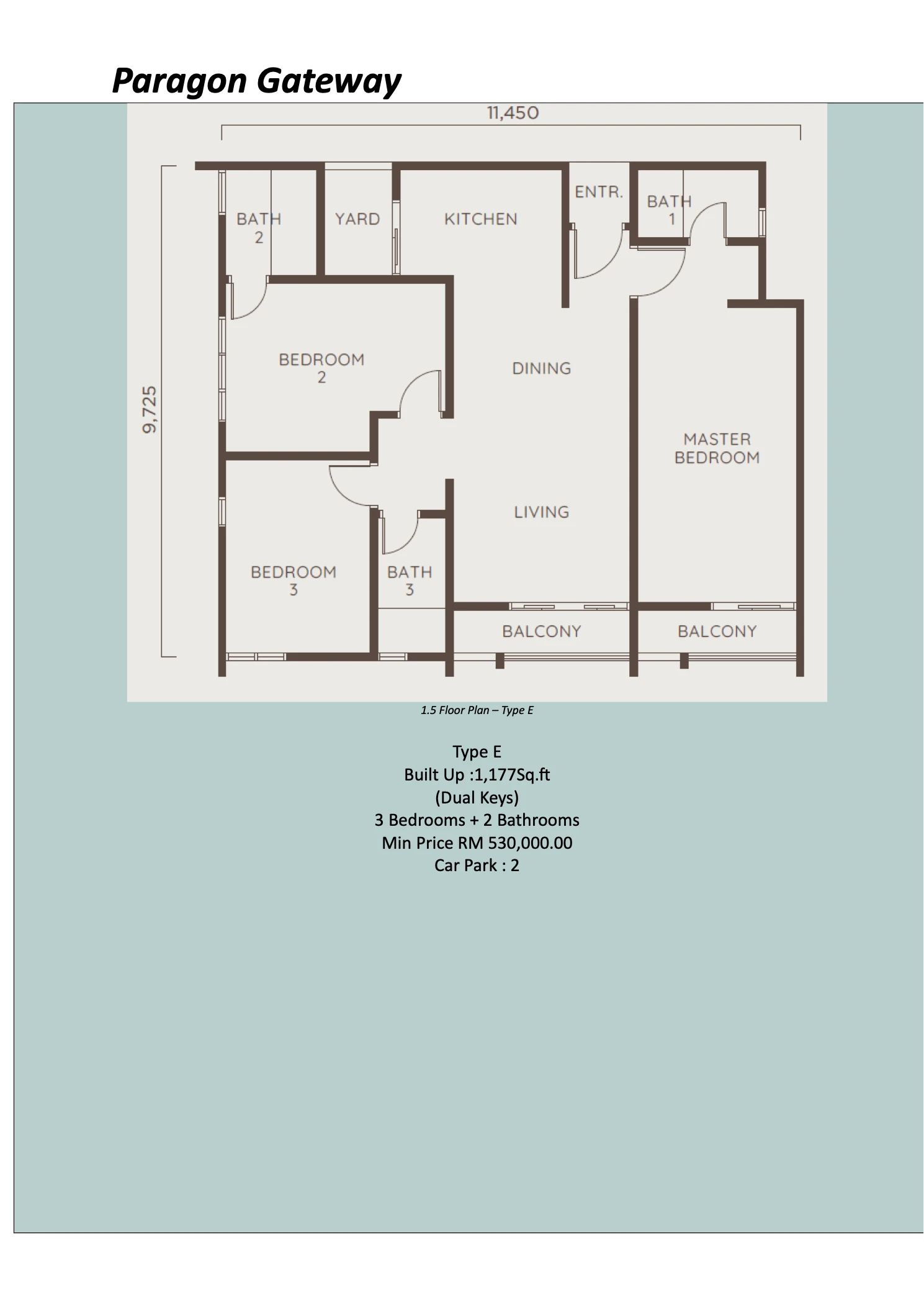 Paragon Gateway @ Tebrau Type E Dual Key Type E dual-key 3R2B 1177 sqft floor plan