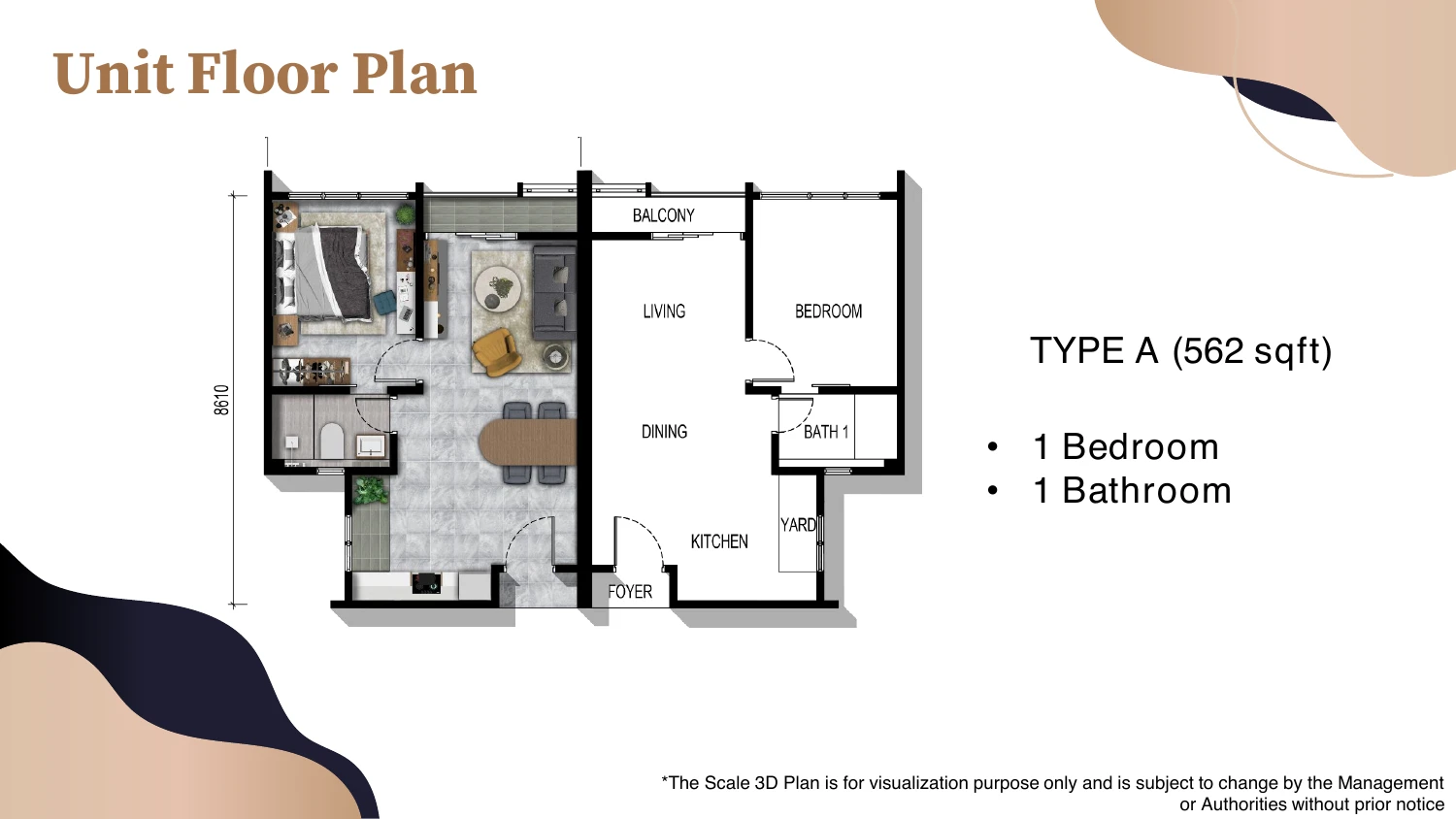 PARKLAND BY THE RIVER Unit Layout 1 Type A 1 Bedroom + 1 Bathroom 562-1,020 sq ft sqft floor plan