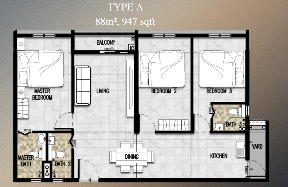 Premium Height @ Dato Onn Type A 3 Rooms 947 sq ft 3 rooms 947 sqft floor plan