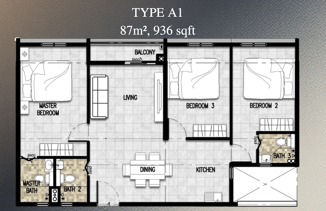 Premium Height @ Dato Onn Type A1 3 Rooms 936 sq ft 3 rooms 936 sqft floor plan