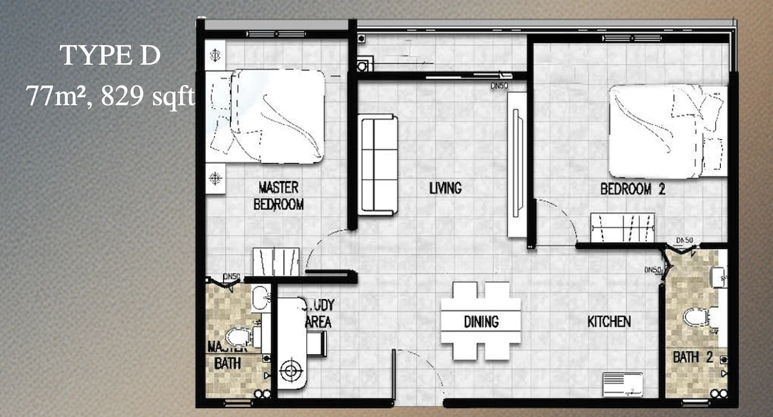 Premium Height @ Dato Onn Type D 2 Rooms 829 sq ft 2 rooms 829 sqft floor plan