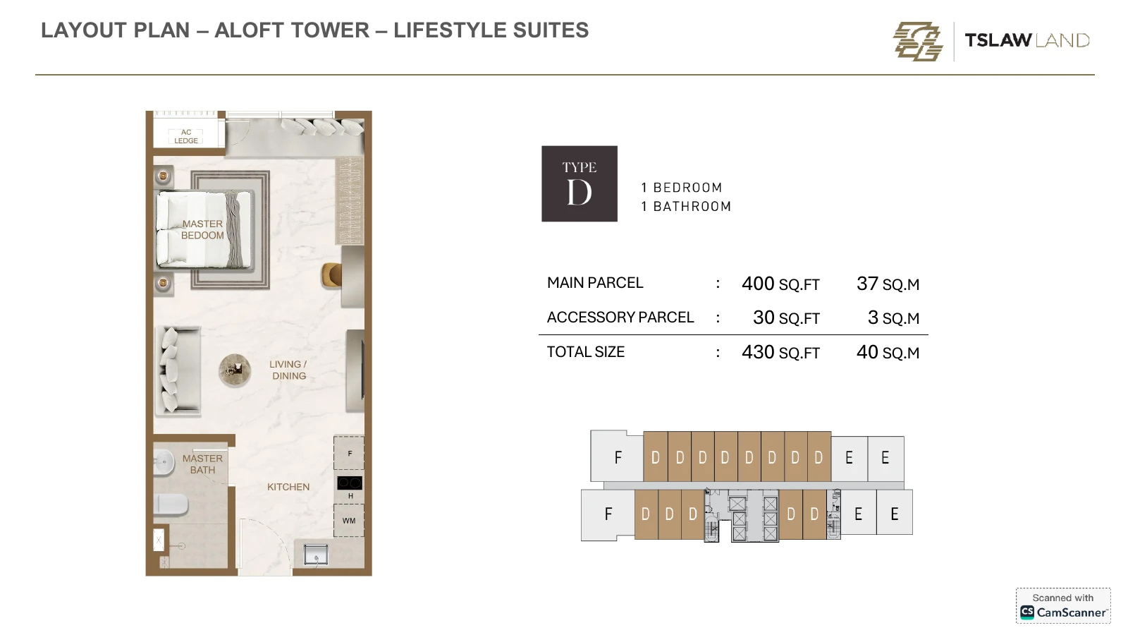 Skyline One Sentosa Type D 430sqft Type A ( 570sf ~ 1+1R1B) 430 sqft floor plan