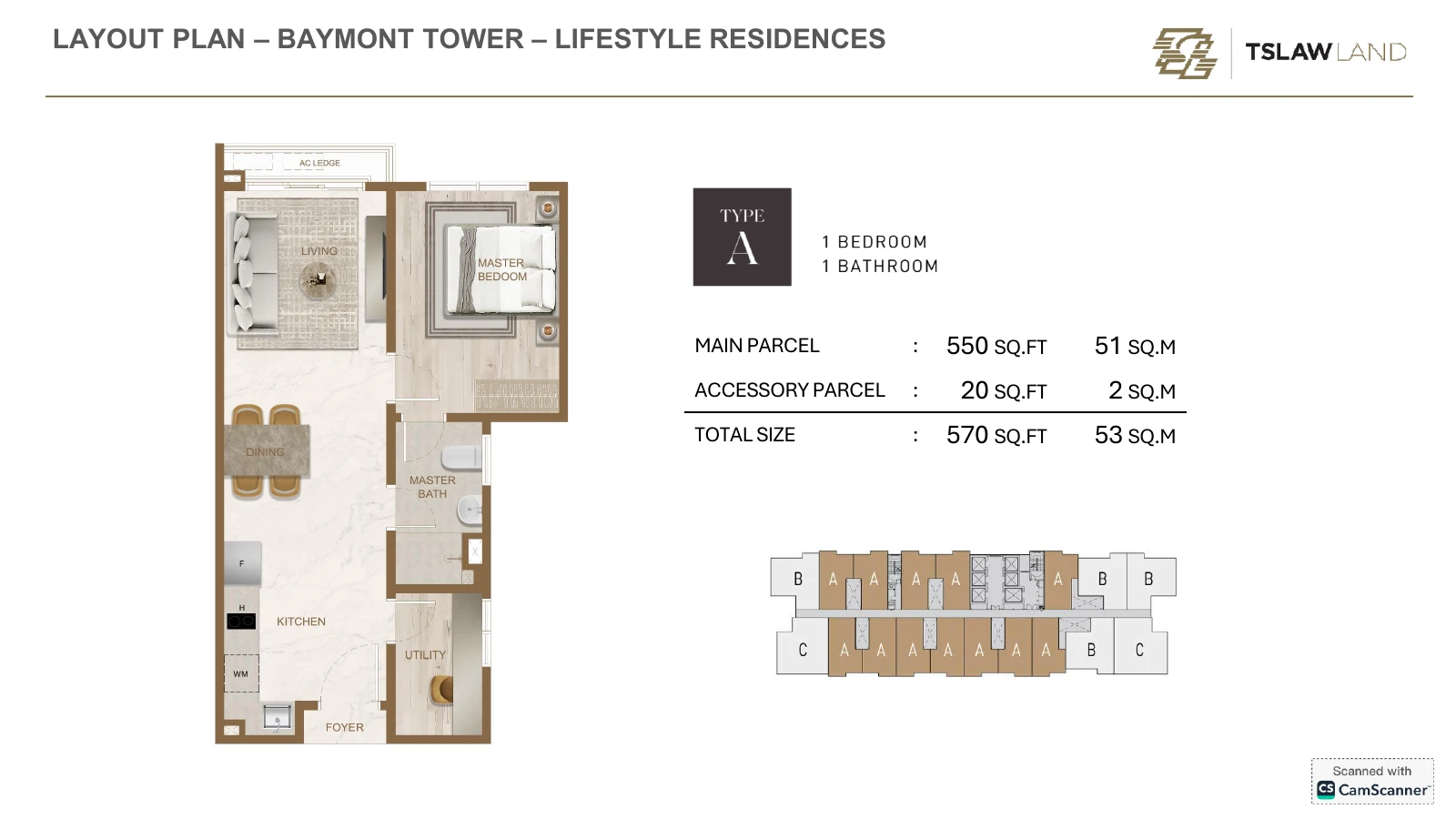 Skyline One Sentosa Type A 570sqft Type A ( 570sf ~ 1+1R1B) 570 sqft floor plan