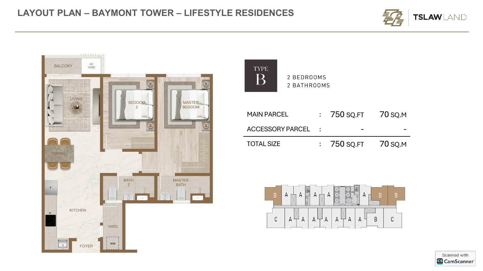 Skyline One Sentosa Type B 750sqft Type B (750 sf ~ 2R2B) 750 sqft floor plan