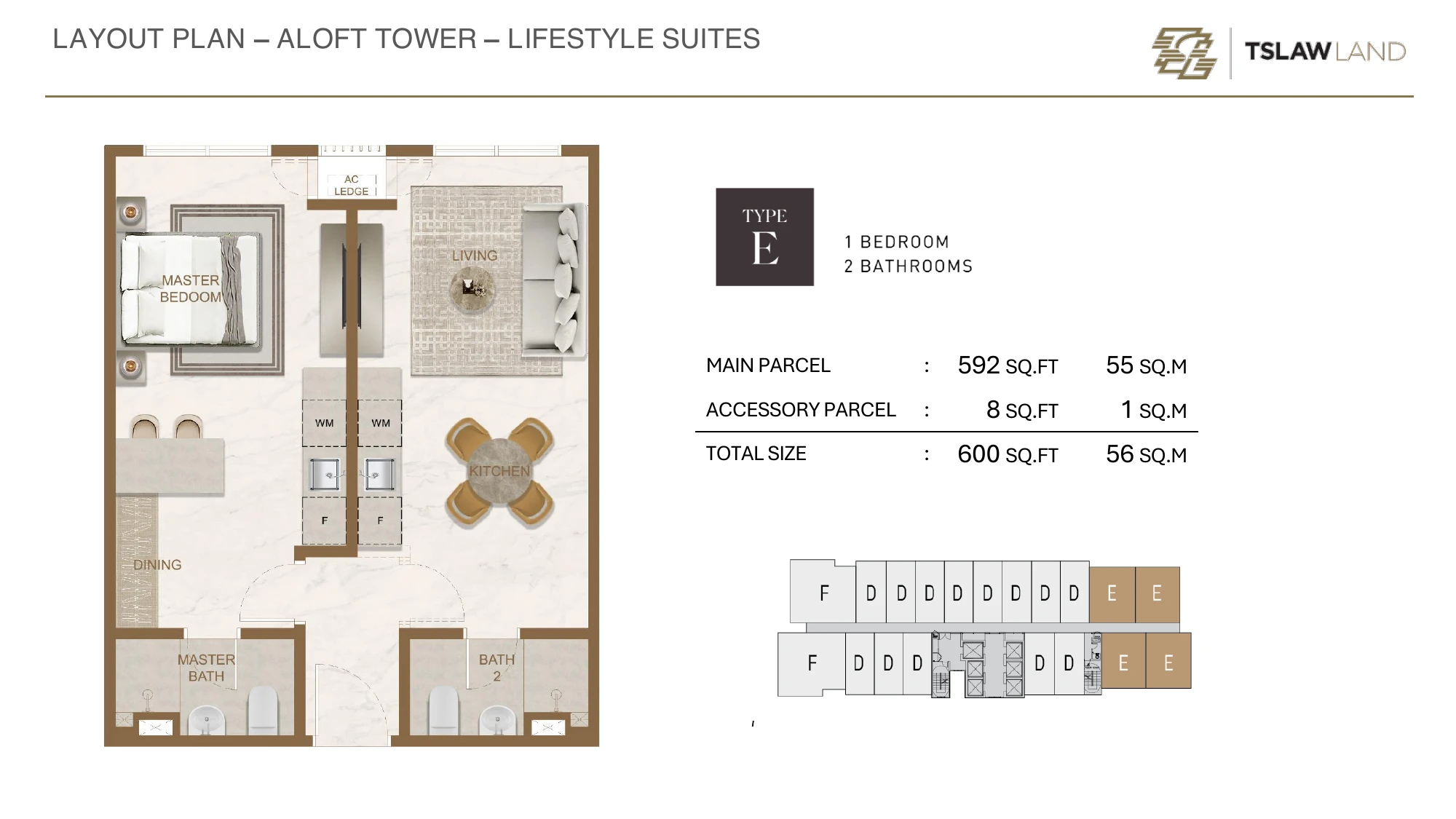 Skyline One Sentosa Aloft Layout 2 Type A ( 570sf ~ 1+1R1B) 430-968 sq ft sqft floor plan