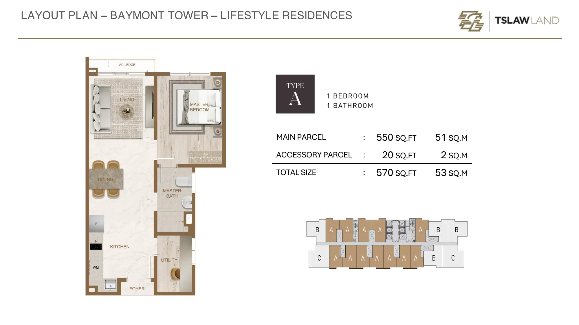 Skyline One Sentosa Baymont Layout 1 Type A ( 570sf ~ 1+1R1B) 430-968 sq ft sqft floor plan