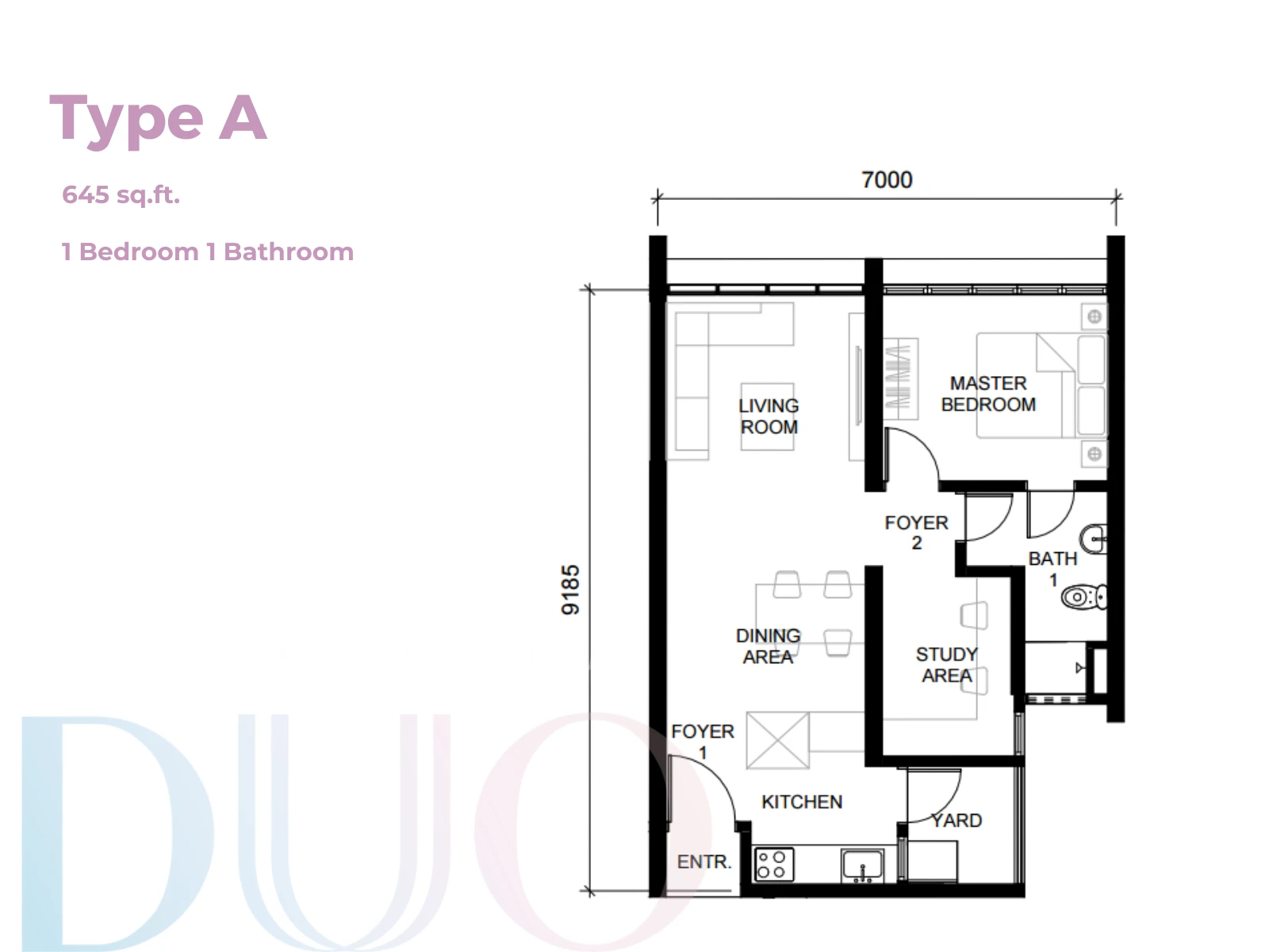 Straits View Duo Type A Type A 1 Bedroom 1 Bathroom 645 sqft floor plan