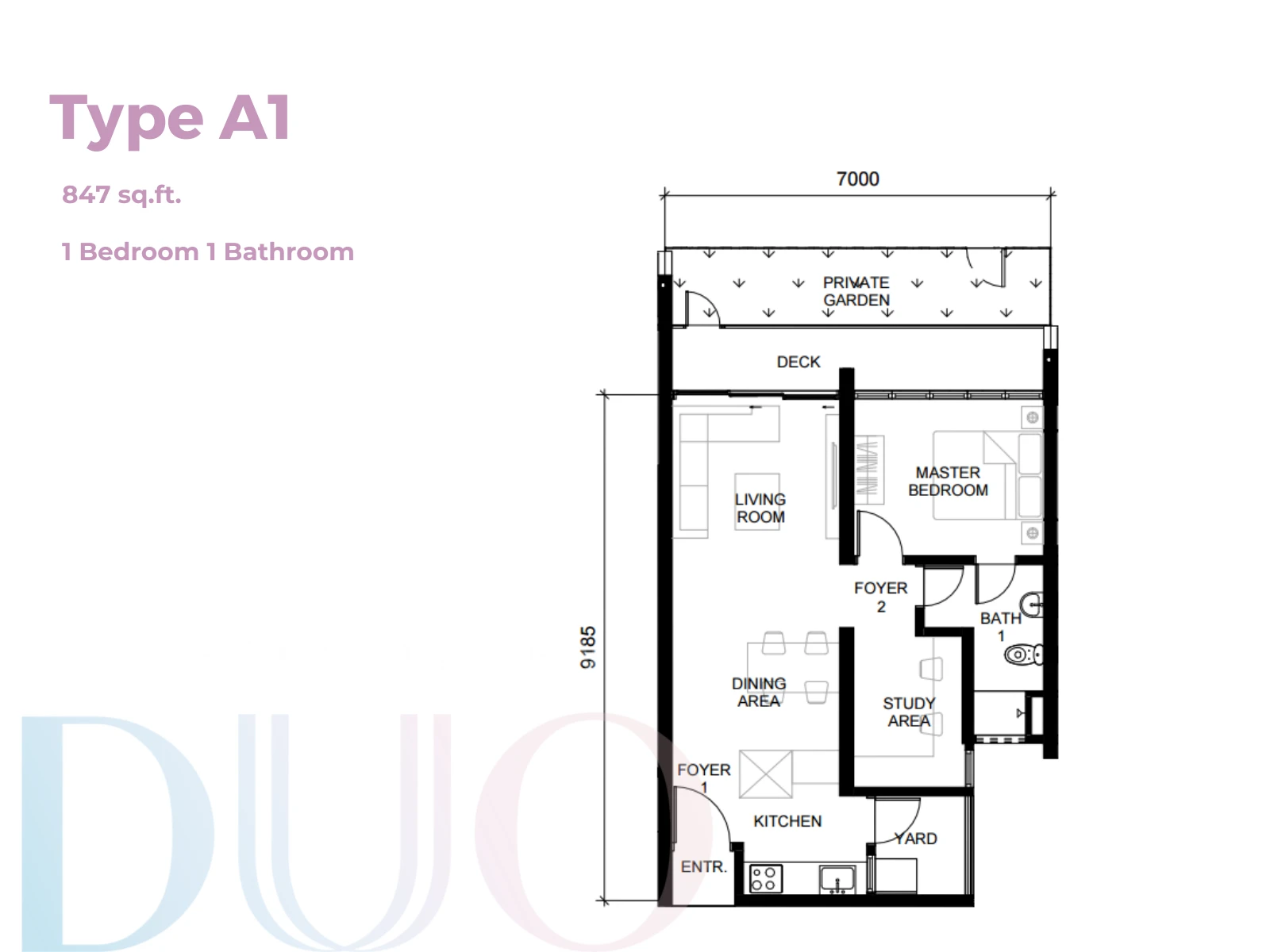 Straits View Duo Type A1 Type A1 1 Bedroom 1 Bathroom 847 sqft floor plan