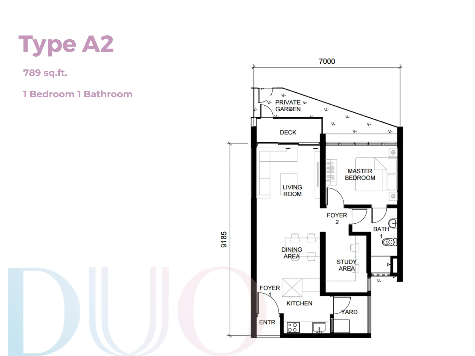 Straits View Duo Type A2 Type A2 1 Bedroom 1 Bathroom 789 sqft floor plan