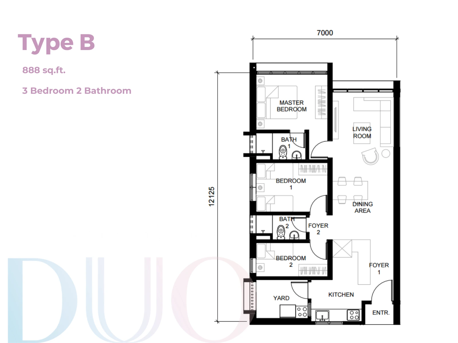 Straits View Duo Type B Type B/B1 3 Bedrooms 2 Bathrooms 888 sqft floor plan