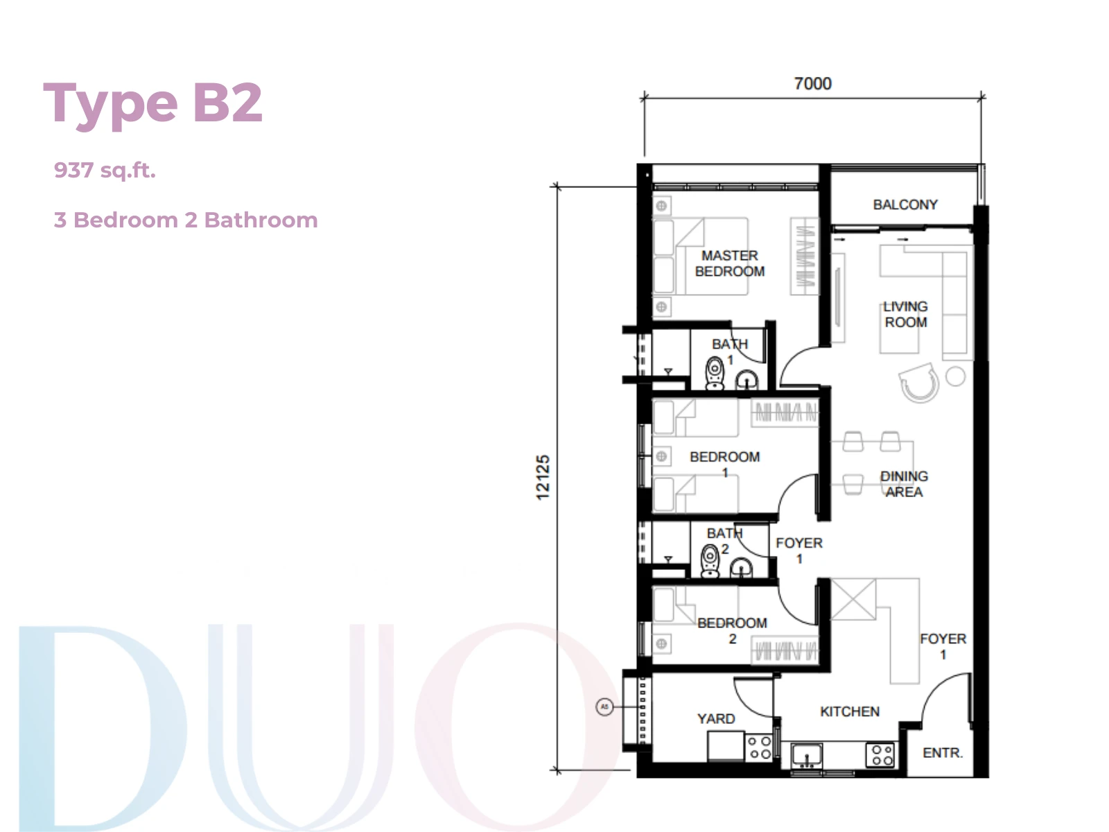 Straits View Duo Type B2 Type B2 3 Bedrooms 2 Bathrooms 937 sqft floor plan